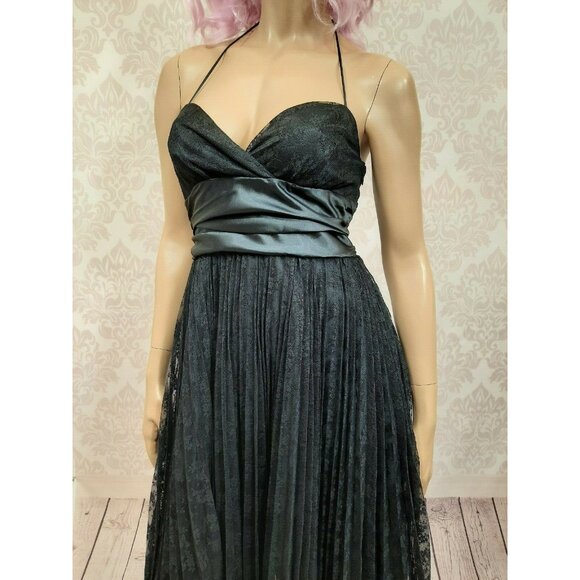 Vintage Betsey Johnson New York Dress Size 6 Black Pleated Lace Satin Halter - Picture 6 of 12